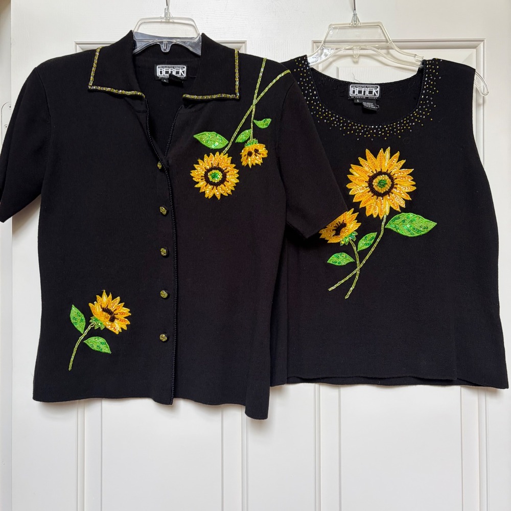 Vintage Berek Sunflower Beaded Sweater Set Cardigan Tank Black Takako Sakon L